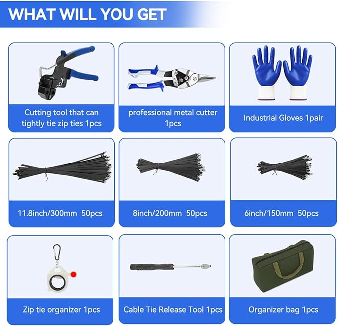Metal Zip Ties Cutter Stainless Steel Cable Tie Gun Kit Assortment With 150pcs Black Stainless Steel Zip Ties Heavy Duty Outdoor For Chain Link Fence Parts Exhaust Wrap