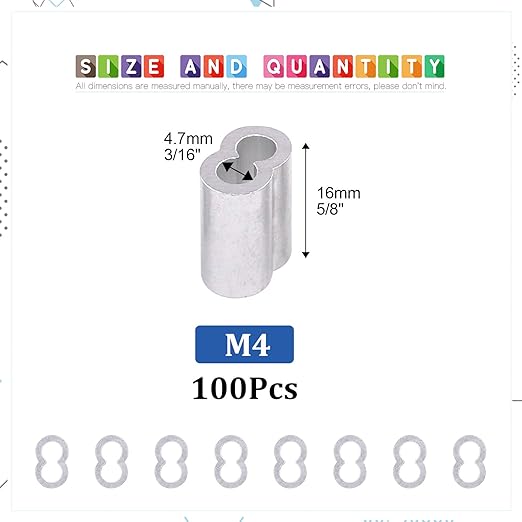Glarks 100Pcs 1/6''(4mm) Aluminum Crimping Loop Sleeve Wire Rope Sleeves Double Barrel Ferrule for Wire Rope and Cable Line End (1/6''-100Pcs)