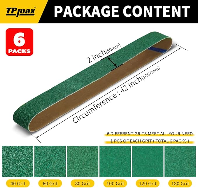 6 Pack 2 x 42 Inch Zirconia Ceramic Sanding Belts Kit – 40, 60, 80, 100, 120, 180 Grits Premium Metal Grinding Belts for Knife Sharpening, Stock Removal, and Bevel Work