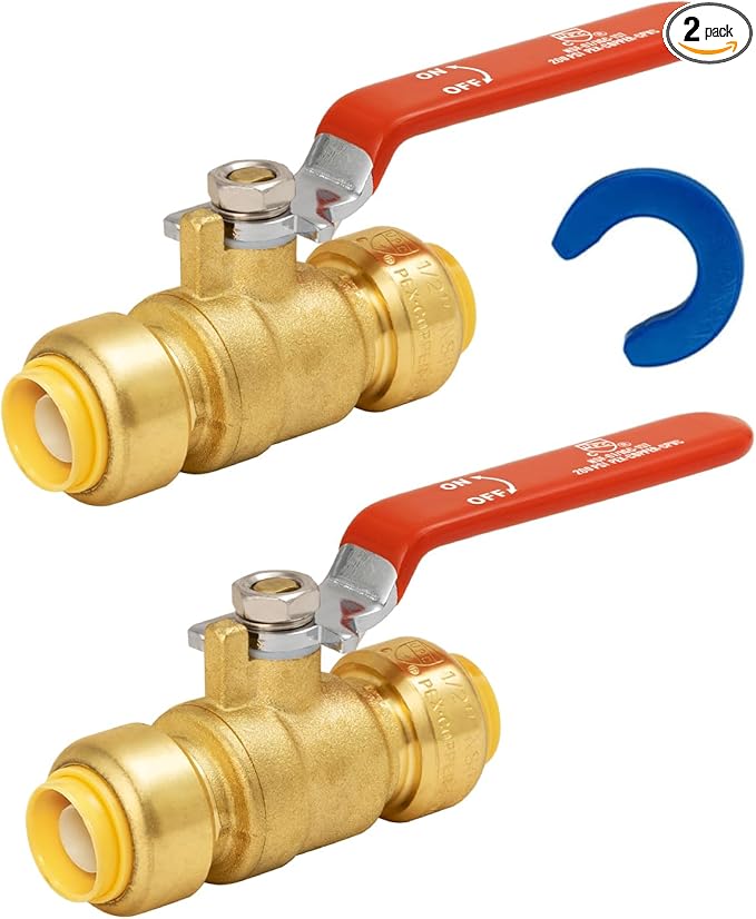 SUNGATOR Ball Valve 1/2 Inch, 1/2" Shut Off Valve, Water Shutoff, No Lead Brass Push-to-Connect Plumbing Fittings for Pex Pipe, Copper, CPVC, with 1 Disconnect Clip, Pack of 2