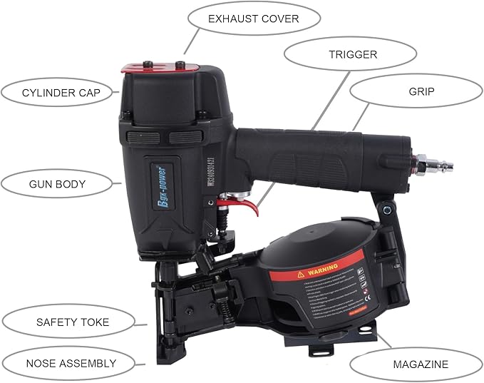 Roofing Nail Gun, 15 Degree CN45N Roofing Nailer 3/4-Inch to 1-3/4-Inch Coil Nails, 120-pcs Load Capacity Coil Nailer in Black