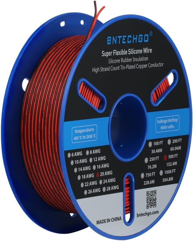 BNTECHGO 20 Gauge Flexible 2 Conductor Parallel Silicone Wire Spool Red Black High Resistant 200 deg C 600V for Single Color LED Strip Extension Cable Cord,Model,500ft Stranded Tinned Copper Wire