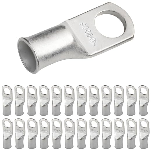 SELTERM 25pcs 2 AWG 3/8" Stud Marine Grade Tinned Copper Battery Cable Lugs, 2 Gauge Ring Terminals, UL Wire Lugs Electrical Battery Cable Ends, Tinned Copper Lugs Battery Terminal Connectors
