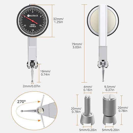Neoteck 0-0.03"/0.0005" Dial Test Indicator with 132lbs(60kg) Max Pull Magnetic Base Stand Test Indicator Set with 3/8 inch (9.52mm) Clamping Hole for Machine Set-Up and Narrow Area Measurement-Black