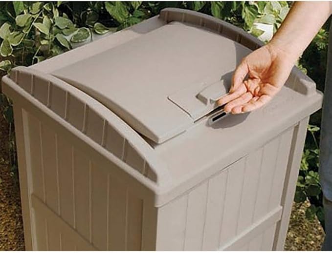 Suncast 2 Pack 33 Gallon Durable Plastic Hideaway Outdoor Garbage Can with Secure Lid and Wicker Design for Home Backyards, 1 Java Brown and 1 Taupe