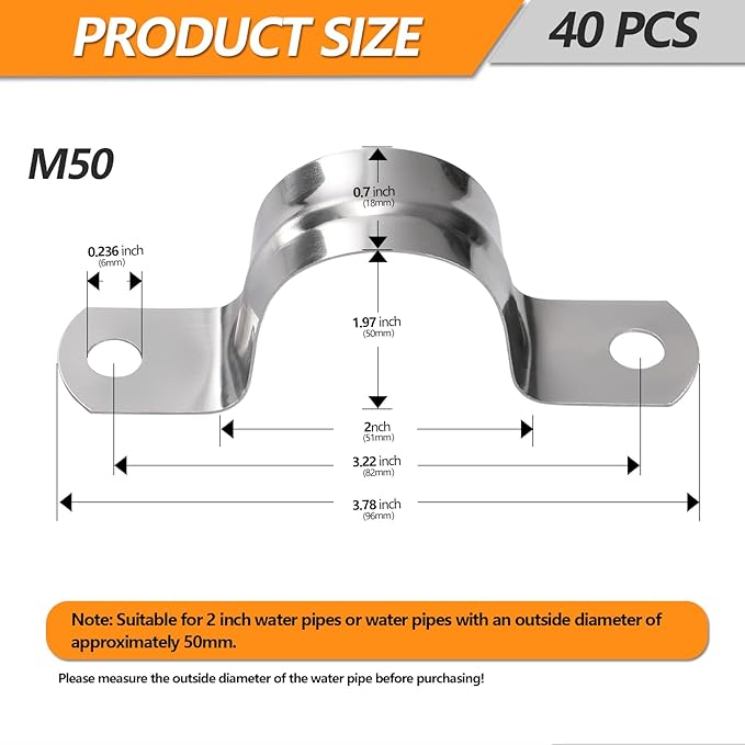 40PCS M50 Stainless Steel Rigid Pipe Strap for 2 Inch Hose OD, Rigid Pipe Strap, 2 Holes Cable U Bracket, Tube Strap Tension Clips, U-Tube Clamp