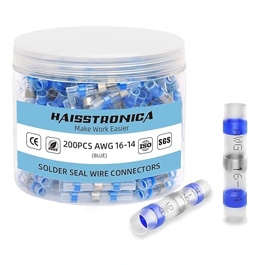 haisstronica 200PCS Solder Seal Wire Connectors,Waterproof Heat Shrink Butt Connectors for Watercraft,Electrical,Electronics 16-14 Gauge Blue