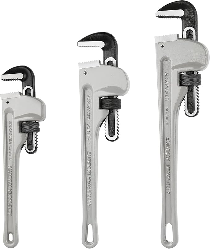 MAXPOWER Pipe Wrench Set 10" 14" 18", Aluminum Plumber Wrenches, Straight Plumbing Wrench