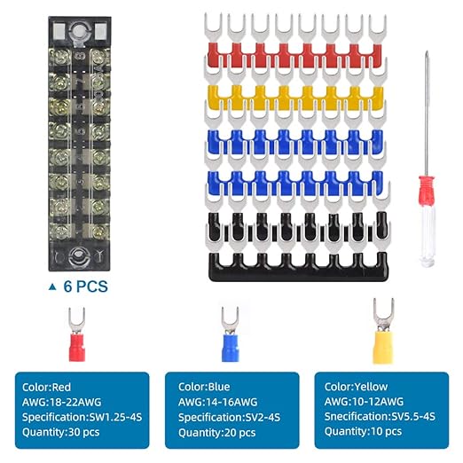 73Pcs(6Sets) Terminal Block Set, 6Pcs 8 Positions 600V 15A Dual Row Screw Terminal Strip Block + 6Pcs Pre-Insulated Terminals Barrier Strip + 60Pcs Insulated Fork Wire Connector by CGele…
