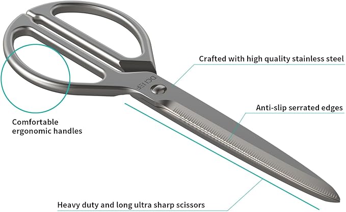 All Purpose Heavy Duty Stainless Steel Kitchen Scissors - Ultra Sharp Dishwasher Safe Serrated Cutlery Utility Shears for Poultry, Meat, Fish, Chicken, and Vegetables