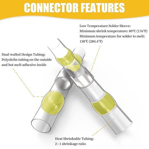 200PCS Solder Seal Wire Connectors Yellow, 12-10 AWG Self Soldering Heat Shrink Wire Connectors Marine Grade Waterproof Insulated Electrical Butt Splice Wire Terminals for Automotive Boat Truck