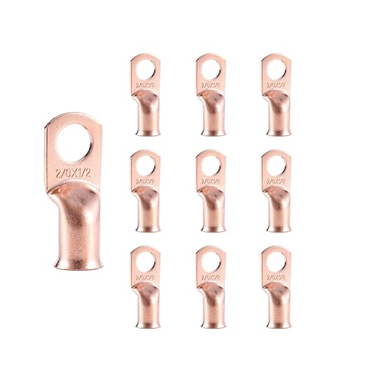 10pcs 2/0 AWG-1/2”(M12) Ring Terminals 00 Gauge Copper Wire Lugs Battery Cable Ends Heavy Duty Battery Cable Terminal Connectors