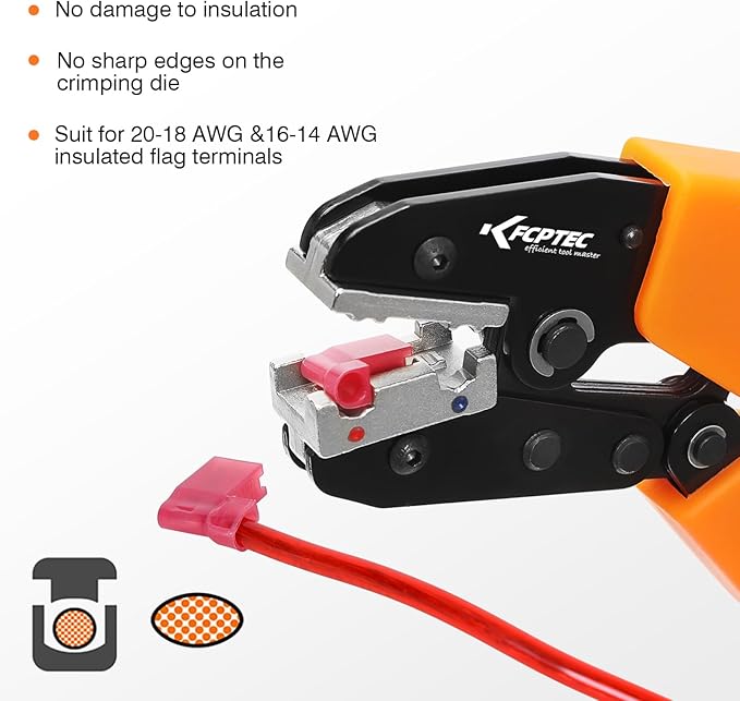 KF CPTEC Ratcheting Crimping Tool for 90° Insulated Flag Terminals, AWG 20-18 & 16-14 – Precision Electrical Terminal Crimper with Adjustable Crimp Force