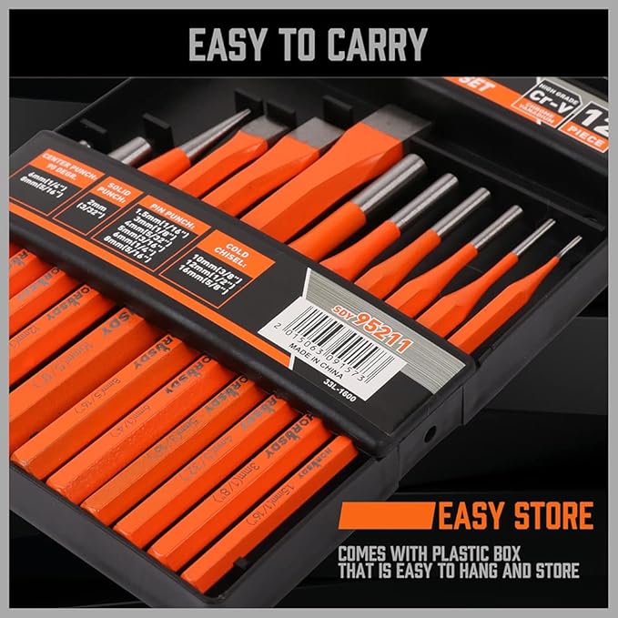 HORUSDY 12-Piece Punch and Chisel Set, Including Cold Chisels, Pin Punch, Center Punch