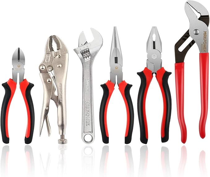 MAXPOWER 6 Pieces Wrench and Pliers Set, Come with Kitbag, Included 8" Long Nose and Lineman's Plier, 8" Adjustable Wrench, 6" Diagonal Cutter, 7" Locking Pliers, 10" Groove Joint Plier