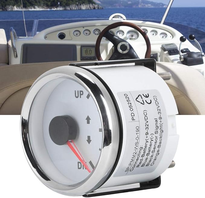 Boat Trim Gauge, 52mm/2in Stainless Steel UP-DN Boat Trim Gauge 0-190ohm Trim Tilt Indicator Red Backlight (White Dial Silver Frame)