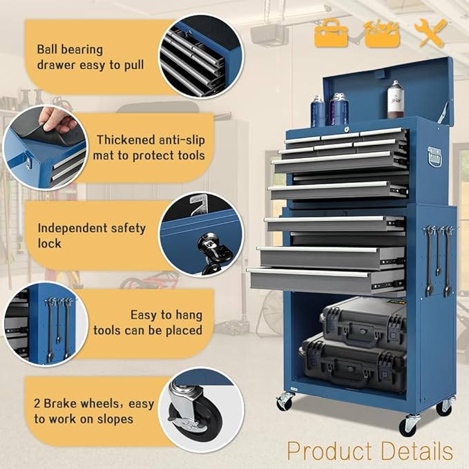 13 Drawer Rolling Tool Chest with Wheels, 2 in 1 Detachable Tool Chest with Drawers, Large Tool Box with Lock, Metal Tool Cabinet for Garage Workshop(Blue-Gray)