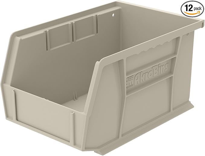 Akro-Mils 30237 AkroBins Plastic Storage Bins, Space-Saving Stackable Bins for Garage, Pantry, Craft Organization, 9-Inch x 6-Inch x 5-Inch, Stone, 12-Pack