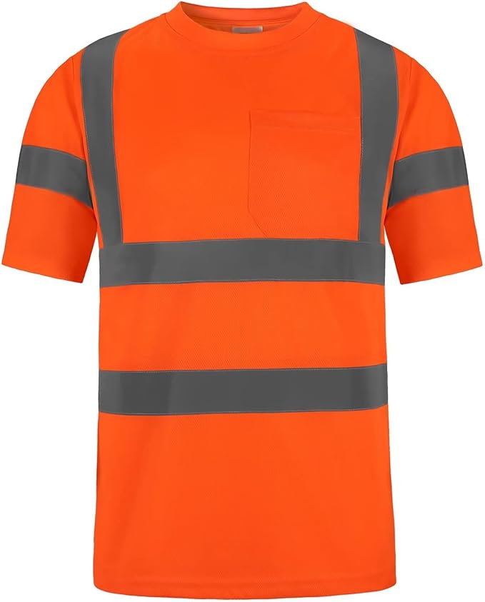 High Visibility Class 3 T Shirts，Hi Vis Safety Shirts with Reflective Strips and Pocket, Short Sleeve Quick Dry Mesh Construction Work Shirt for Men/Women Orange,5XL