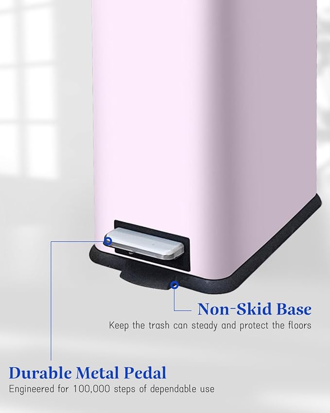 12 Gallon Slim Kitchen Trash Can, Stainless Steel Trash Can with Removal Inner Bucket and Soft-Close Lid, Pedal Garbage Can 45 Liter, Pink