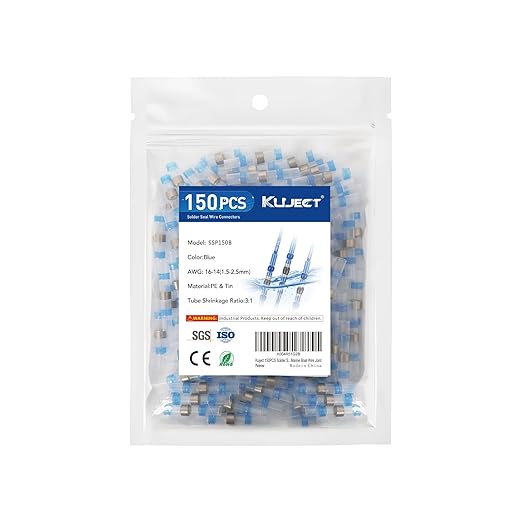 Kuject 150PCS Solder Seal Wire Connectors AWG 16-14, Blue Solder Seal Heat Shrink Butt Connectors Terminals Sleeve Waterproof Wire Splice Connector for Marine Boat Wire Joint