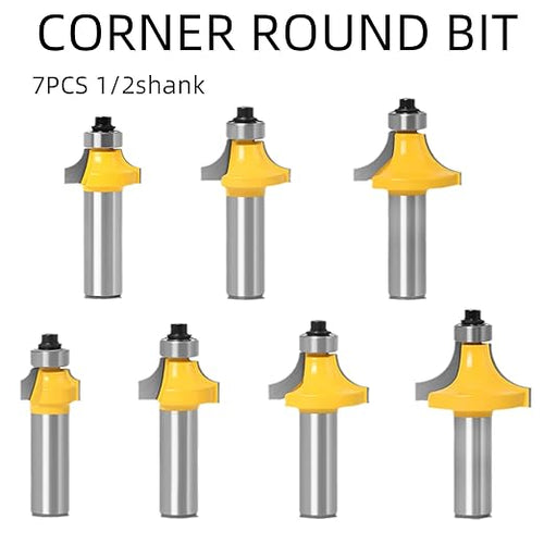 1/2 Shank 7pcs Corner Rounding Bit Set(1/8" 3/16" 1/4" 5/16" 3/8" 7/16" 1/2" Radius 4Pcs) Corner Rounding Edge-Forming Roundover