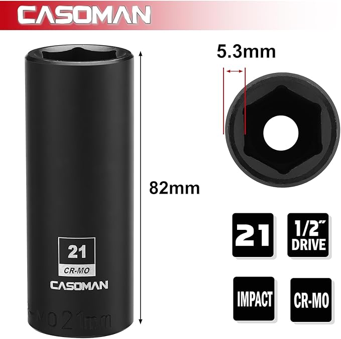 CASOMAN 1/2-Inch Drive x 21mm Deep Impact Socket, 6-Point, Metric, CR-MO