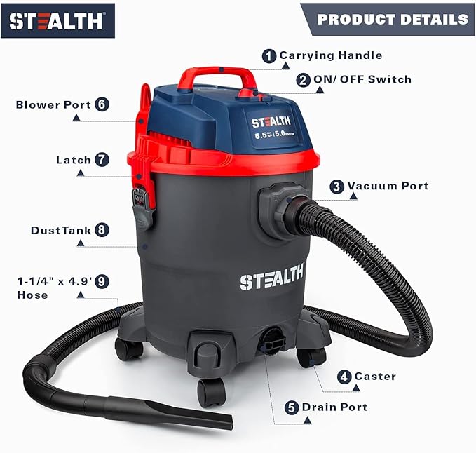 Stealth Wet/Dry Vacuum 5 Gallon, 5.5 Peak HP Shop Vacuum with Blower & Drain Port for Home, Garage, Car, Workshop,ECV05P2