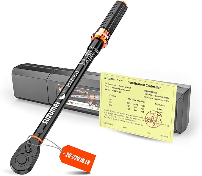 SUZUME 1/4 Torque Wrench (20-220 In.Lb/ 2.3-24.9 N.m) ±3% High Accuracy Torque Wrench 72 Tooth Dual-Direction Adjustable Dual-Scales Inch Pound Torque Wrenches for Bike