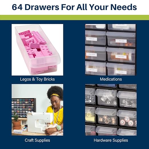 Akro-Mils 64-Drawer Plastic Drawer Storage Cabinet for Garage Organization, Bead Organizer, Building Bricks Storage, Teacher Toolbox, Makeup Organizer, 20-Inch W x 6-Inch D x 16-Inch H, 10164 Black
