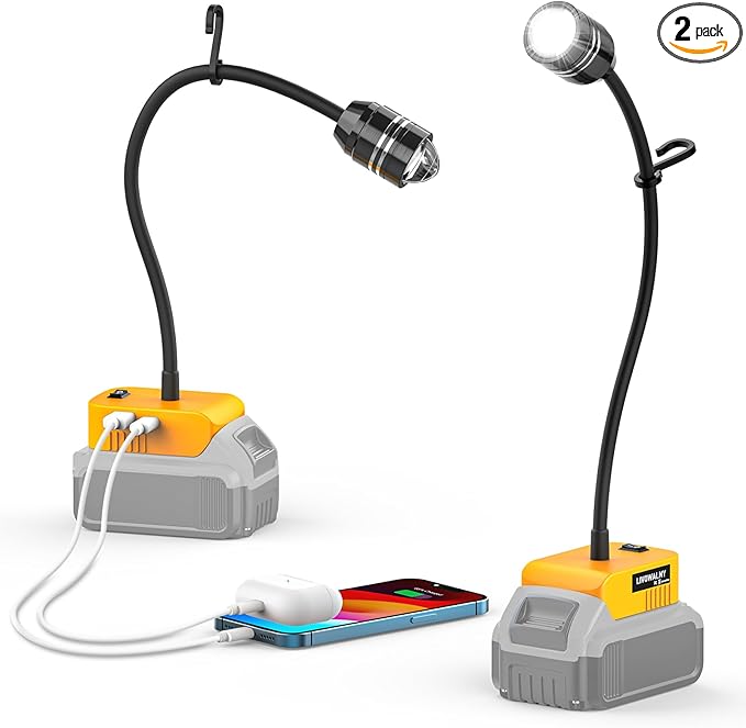 LIVOWALNY 2PCS LED Work Light Compatible with Dewalt 20V Battery, 20W 2000LM LED Flood Light, 12" Flexible Gooseneck, Flashlight with USB-A & Type-C Charging Port, Low Voltage Protection (No Battery)