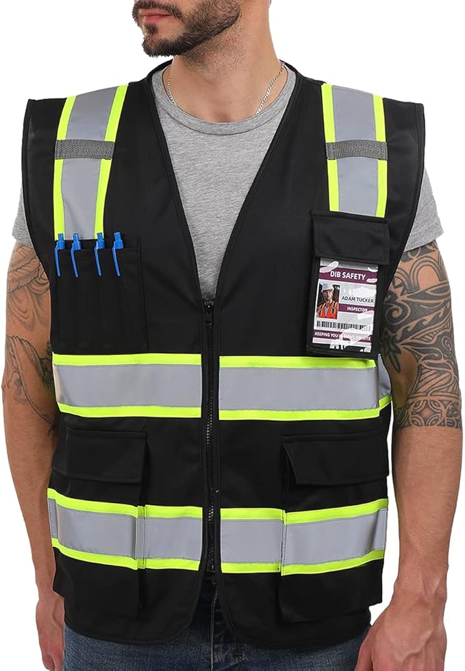 Dib Safety Reflective Vest High Visibility with Pockets and Zipper, Black with Yellow Trim XL