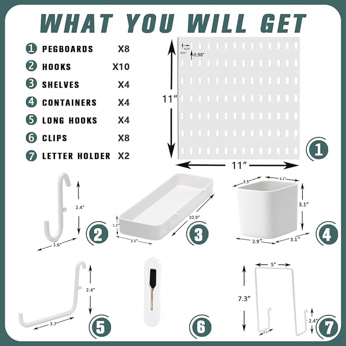 Pegboard Combination Kit, Wall Mounted Storage Set with 8 Pegboards & 32 Accessories Hanging, White Peg Boards Organizer for Walls Display, Crafts Organization, Kitchen Organizer, 22" x 44"