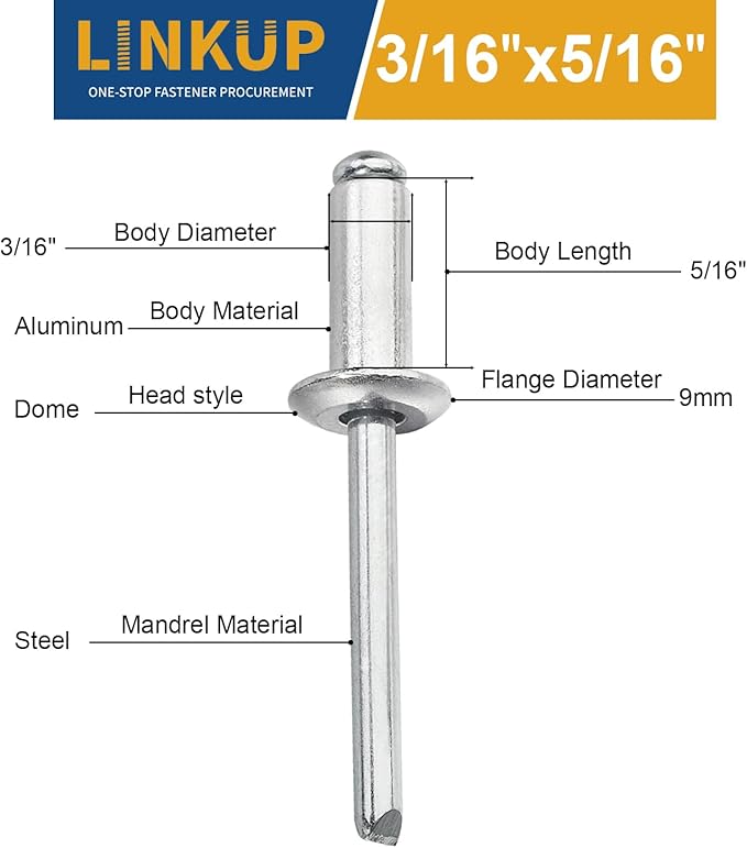 Linkup 160pcs pack 3/16" x 5/16" Pop blind Rivets, 4.8mm x 8mm pop rivets,Aluminum Body Steel Mandrel Rivets (Sliver),Dome Head aluminum rivets
