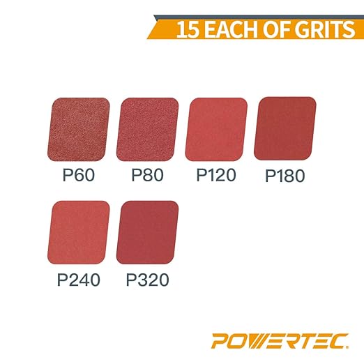 POWERTEC 45101, 90 Pack, 6"x 8 Holes, A/O Hook & Loop Sanding Disc | 60 80 120 180 240 320, Assorted Grits, Red