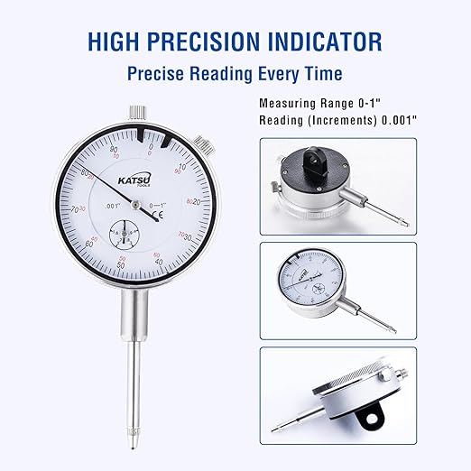 KATSU Tools Dial Indicator with Magnetic Base 0-1.0" Tester Gauge 0.001" Precision, Fine Adjustment, Professional Measuring Toolkit in Storage Case 401112