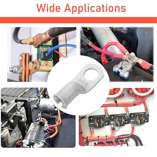 2 AWG 3/8"" Stud (10 pcs.) Battery Ring Terminal 2 awg lugs 2 Gauge Connectors Heavy Duty Wire Lugs Battery Cable Ends Tubular Ring Terminal Battery Terminal Connectors Tinned Copper Eyelets