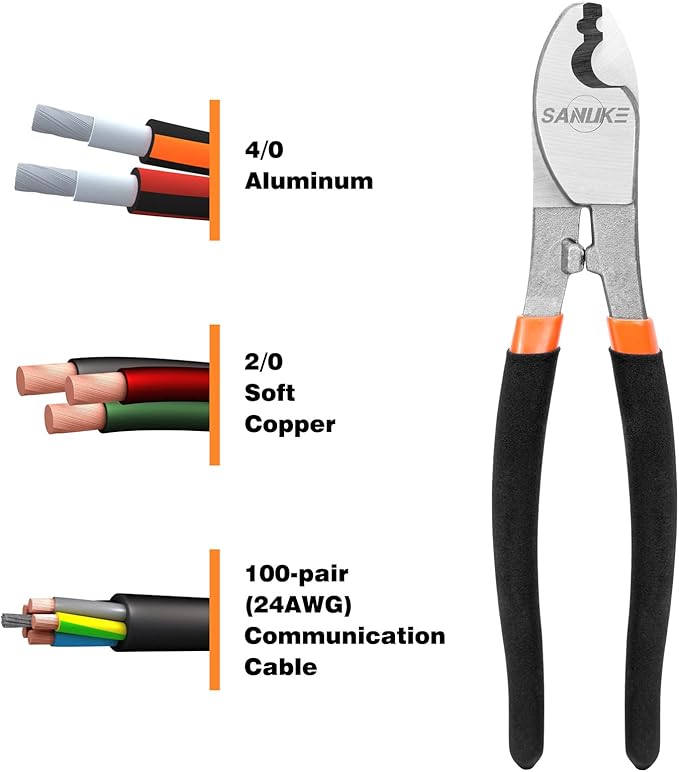 Sanuke Cable Cutters, 8-inch High Leverage Cable Cutter Heavy Duty-Multifunctional Industrial High Hardness Sharp Cutting for Copper, Aluminum, Wire, Communications Cable