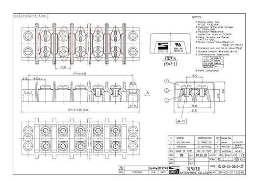 Marine Terminal Block 5 Circuit Nickel Plated Brass 0113-10-3640-05 Dinkle 10 to 18 AWG Gauge 35A 600V