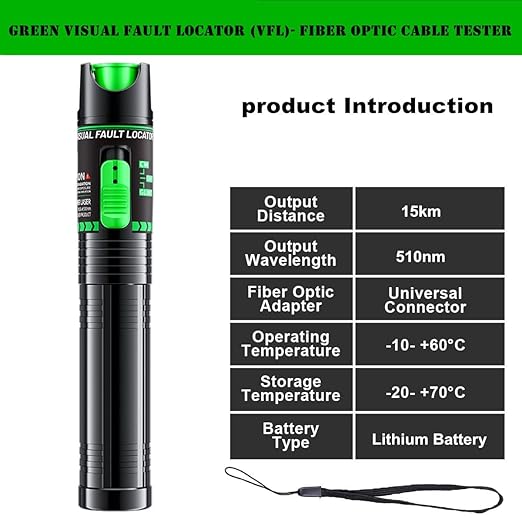 Green Light Fiber Optic Tester - Visual Fault Locator, 510nm Wavelength, Compatible with SC/FC/ST/LC Interfaces, Ideal for Network Maintenance & Data Center Technicians.