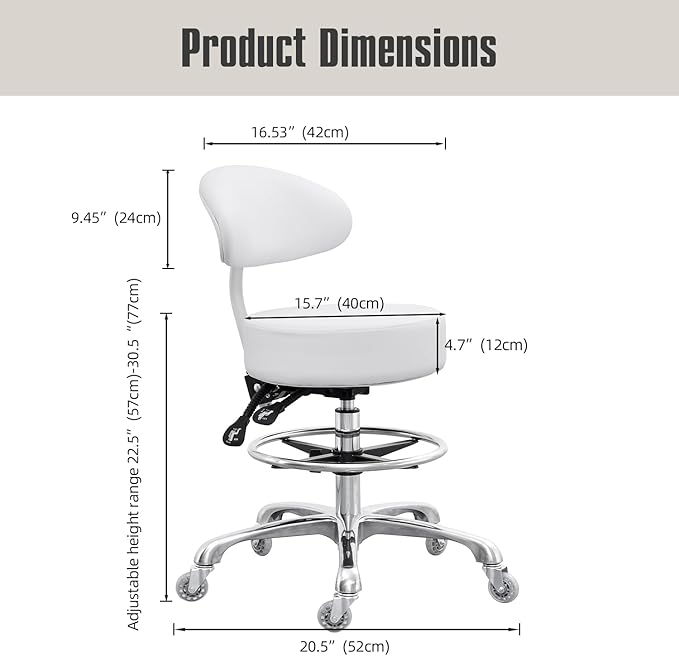 Grace&Grace Drafting Chair Big Cushion Rolling Stool with Back, Tall Shop Stool Rolling Chair with Footrest for Studio, Workshop, Classroom, Lab, Counter, Home Office (White)