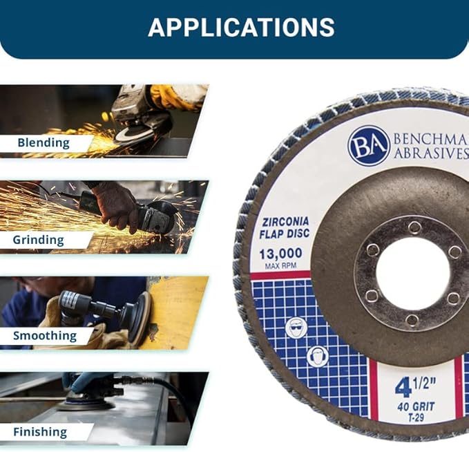 Benchmark Abrasives 4.5" x 7/8" Premium Zirconia T29 Angled Flap Discs 4 1/2 for Angle Grinder, Sanding Discs, Finishing, Rust, Stock Removal- Grinding Wheels 4 1/2 Inch (100 Pack) - 40 Grit