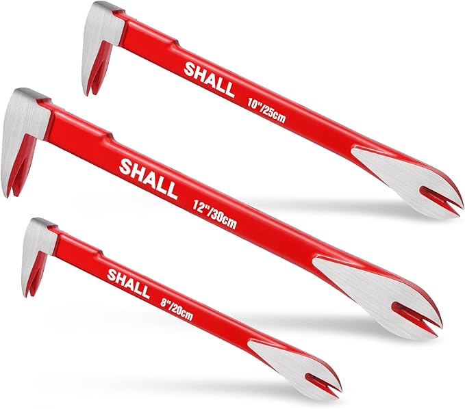 SHALL 3-Piece Nail Puller Tool Set, 12’’, 10’’, 8’’ - Heavy Duty & Mini Cats Paw Pry Bar, Utility Claw Bar, Wonder Bar, 40Cr Alloy Steel Crowbar Tool for Home Remolding & Woodworking