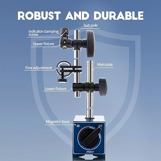 Dasqua Magnetic Base, Adjustable Stand with Fine Adjustment Holder for Dial Indicator, 3/8" Clamping Hole, Strong Pull Force 132lb/60kg