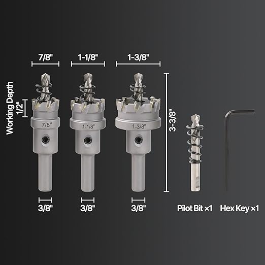 3PCS Carbide Hole Saw Kit, 7/8'' to 1-3/8'' Metal Hole Cutter with Pilot Drill, Holesaw for Hard Metal, Stainless Steel, Iron, Mild Steel, Aluminium, Alloy, Plastic, Fiberglass