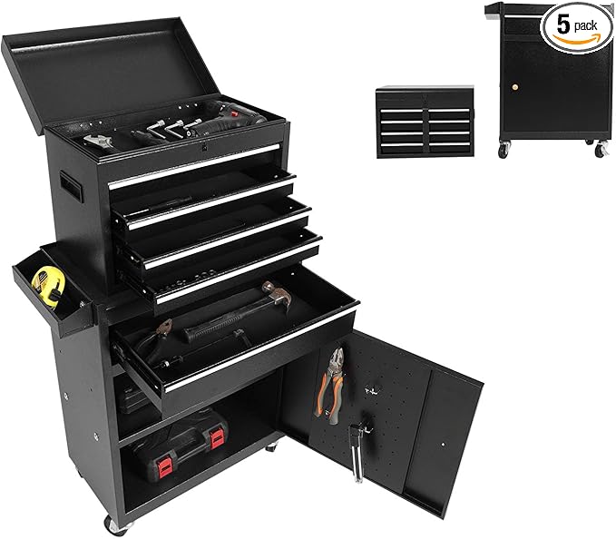Rolling Tool Cabinet Tool Box, 5-Drawer Storage Chest with Detachable Organizer, Removable Portable Tool Box for Garage Warehouse (Black)