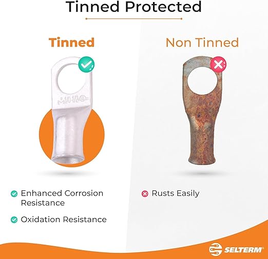 SELTERM 10pcs 1 AWG-1/4 Stud Tinned Copper Wire Lugs, Heavy Duty Cable Ends, 1 Gauge Ring Terminals, UL Battery Lugs Marine Grade Copper Eyelets Electrical Terminal Connectors