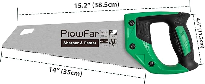 14 inch Hand Saw 11TPI Pro Fine Cut for Wood, Plastic Pipes, Drywall, Trees Trimming & Pruning, Sharp for Woodworking, Green
