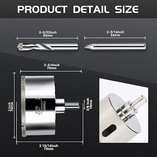 3inch | 76mm Diamond Hole Saw with Center Drill bit and Diamond-Coated Center Drill bit for Ceramic Glass Marble Fiberglass Granite and Porcelain Tiles by CENYB