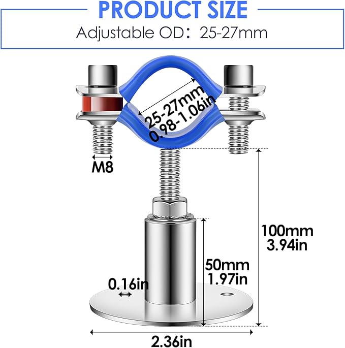 2 Pack Stainless Steel Wall Mount Pipe Support Adjustable - Height Pipe Bracket Pipe Clamp Support Metal Water Pipe Holder Bracket for 3/4 inch Diameter (25-27mm) with Screws